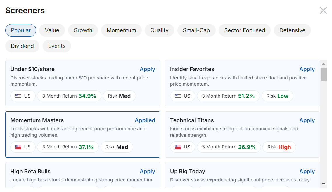 أدوات مسح الأسهم المُعدة مسبقًا على موقع Investing.com